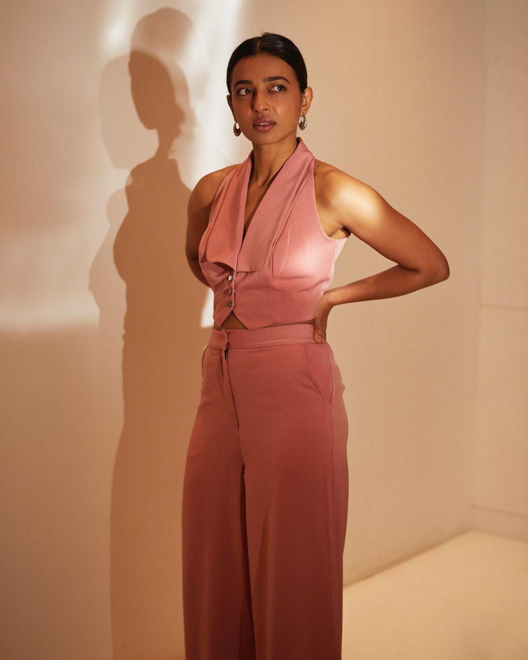 In a pink tailored set consisting of a vest and pants, Radhika Apte proves that she can effortlessly channel casual chic in any hue.
